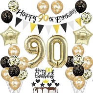 90th Birthday Decoration Man Women, Black Banner 90th Birthday Garland Decoration 90th Women Gold Ba