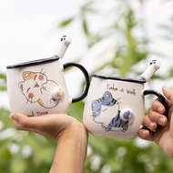 Cartoon cat pattern mug coffee mug ceramic mug with lid spoon