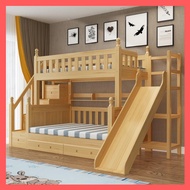 Solid Wood Double Decker Bunk Bed with Slide Katil Atas Bawah Tangga Kabinet Gelongsor Katil budak 儿童母婴床