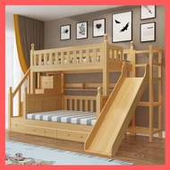 Solid Wood Double Decker Bunk Bed with Slide Katil Atas Bawah Tangga Kabinet Gelongsor Katil budak 儿