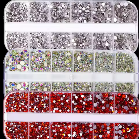 1080Pcs SS6-SS30 Luxury Mixed Nail Art Rhinestone 3D White/Clear/Red/Blue Nail Diamond 12Grids/box F