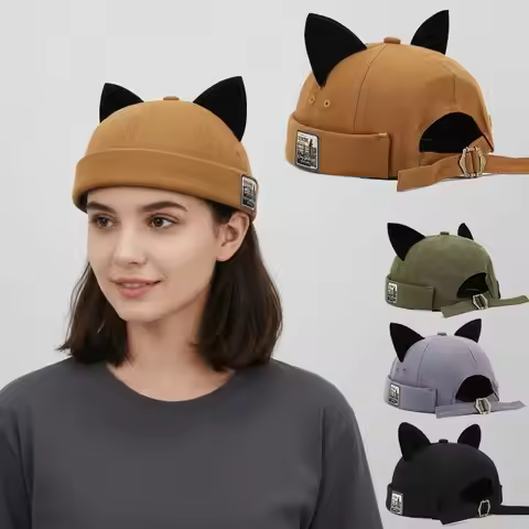 Unique Cute Cat Ears Brimless Hat Hip Hop Rolled Cuff Melon Docker Cap Adjustable Solid Color Docker