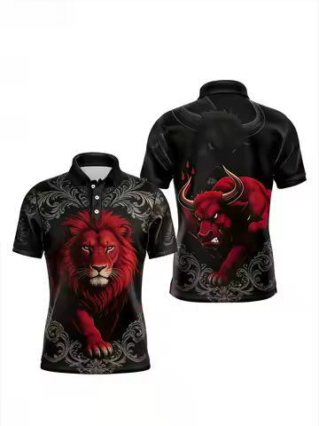 2026 Trendy Hot Red and Black Color Blaze Bull, Tiger and Lion Pattern Street Fashion Short-Sleeved 