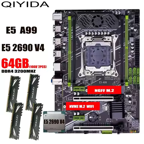 QIYIDA X99 mother, board, set, kit, xeon, LGA2011-3, E5 2690 V4,（4*16)=64GB, 3200 MHz 4 channels DDR