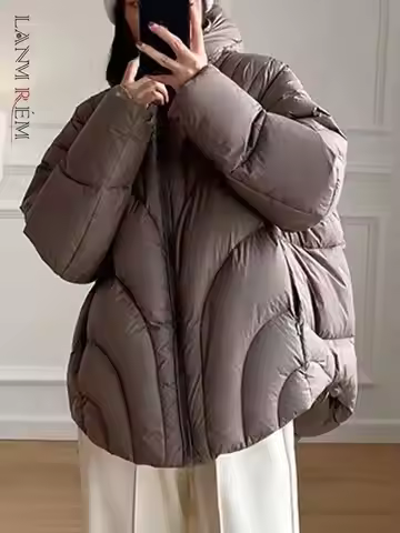 LANMREM Fashion White Duck Down Jackets Women's Hooded Solid Color Warm Thick Coat Versatile Winter 