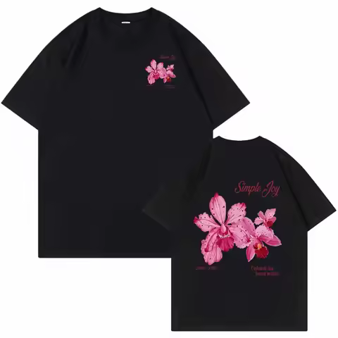 Women's Pink Orchid Print T-Shirt Sleeve Round Neck Top Summer Style T-shirt Comfortable Women's Clo