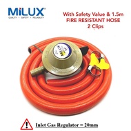 Milux L.P.G Low Pressure Gas Regulator M-188F HC 20mm inlet With Safety Value & 1.5m (SIRIM Approved