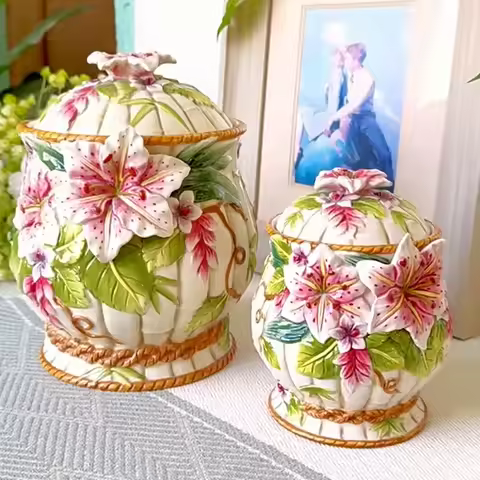 Royal Baroque Ceramic Canister Floral Relief Candy & Coffee Organizer for Pantry, Farmhouse Countert