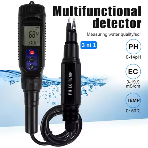 3-in-1 pH EC Temperature Meter Digital Display IP65 Waterproof ATC Precision PH EC Tester for Aquari