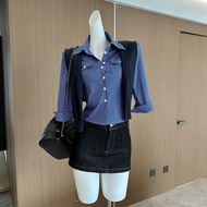 เสื้อเชิ้ตผู้หญิงฤดูใบไม้ร่วงปี 2023 ทรงเข้ารูปแขนยาวลายสก็อตสีน้ำเงิน Lin Summer College Old Money