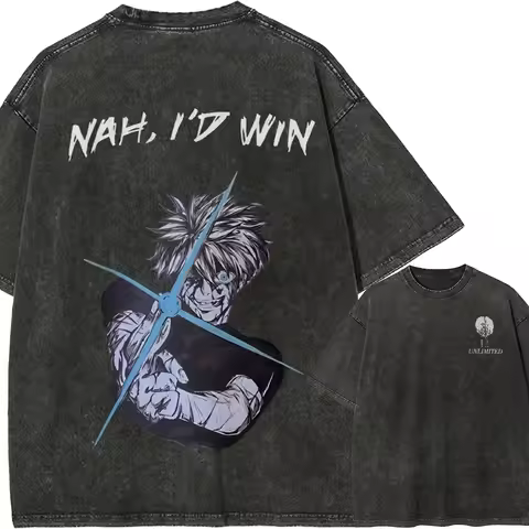 Nah I'd Win Gojo Satoru T-Shirt Jujutsu Kaisen Vintage Washed Cotton Tee Oversized Meme Graphic Stre