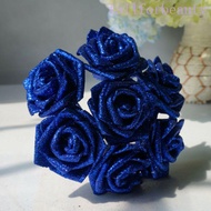 FALLFORBEAUTY Foam Roses Blue Roses with Glitter Powder Bride Bouquet 10pcs Artificial Flowers