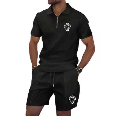 New Men's Lapel Golf Sportwear 2pcs Top for Youth Polo Suit Waffle Short Sleeved Shirt & Shorts Set 