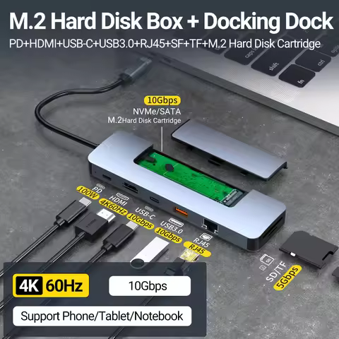 8 in 1 USB-C Hub&M.2 SSD Enclosure Support NVME&SATA ,With 4K HD,PD 100W,USB 3.0, RJ45 1000M,SD/TF R