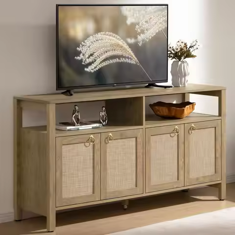 Rattan TV Stand for Television up to 65 Inch - 29.5" Tall Entertainment Center with Storage and Open