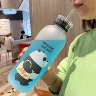 [LI] 1000ml Cute Panda Bear Cup Plastic Transparent Frosted Cartoon Drinkware Waterbottle with Straw