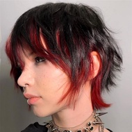 Rambut Palsu Pendek Hitam dengan Poni, Rambut Palsu Campuran Hitam Merah untuk Wanita, Rambut Sintet