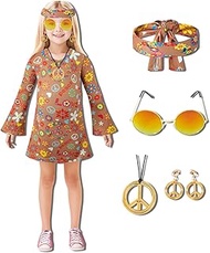 Toddler Girl's 60s 70s Outfits Hippie Boho Dress Hippie Outfits Accessories Set (9-10 Years)