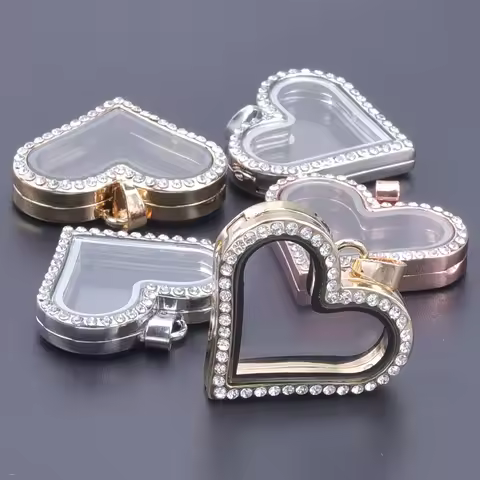 10PCS Heart Rhinestone Locket Glass Floating Charms Alloy Pendant Jewelry Making Photo Necklace Keyc