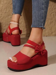 Sandalias De Cuña Con Pajarita Roja Para Mujer Con Suela De Plataforma, Puntera Abierta Informal, Cómodas Y Modernas Para El Verano