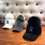 Hat Women's Autumn and Winter Sea Horse Fur Peaked Cap Women's RhinestoneRLetters Can Be DisassembledfImitation Fox Fur