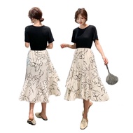 Misshana Korean Texture Ink Outline Pattern Cake Dress Elegant Long F005