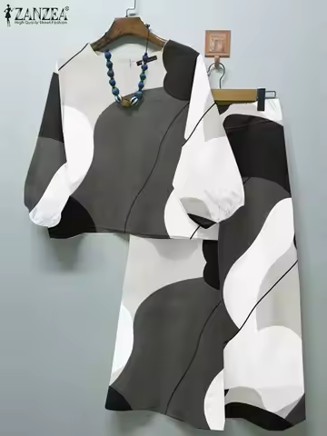 2024 ZANZEA 2PC Summer Bohemian Women Vintage 3/4 Sleeve Blouse Pants Sets Holiday Trousers Suits Pr