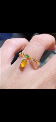 冰種翡翠天然翡翠A玉班指披指指環 • 18k金琥珀黃翡翠戒指