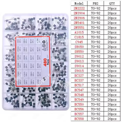 480Pcs 24Types NPN PNP Transistor Assortment Kit Pack 2N2222 S8050 S9014 2N3906 BC327 BC337 BC517 BC
