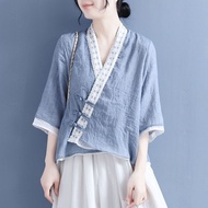 中国风上衣蕾丝斜襟盘扣系带七分袖衬衫女假两件棉麻夏复古茶服Chinese Style Shirt Women Ethnic Retro Top