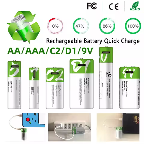 USB AAA/AA/9V/C2/D1 Rechargeable Li-ion Batteries AAA Battery 550mWH / AA Battery 2600mWH /D size Wi