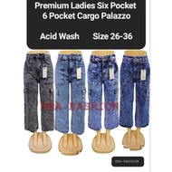 Seluar Six Pocket Cargo Palazzo Wide Leg Acid Wash Seluar Perempuan High Quality Ready Stock
