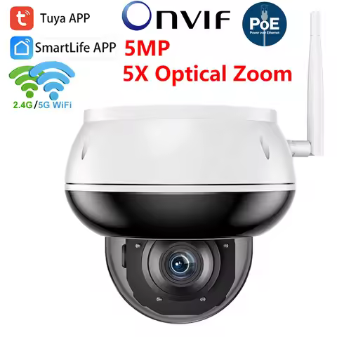 Tuya SmartLife 2.4G 5G WiFi 5MP WiFi ONVIF POE Motion Tracking Night Vision Outdoor PTZ 5X Optical Z