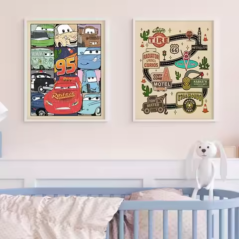 Cars Characters Lightning McQueen Art Prints Cars Movie Poster Vintage Cars Canvas Painting Boys Roo