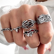5 Pcs/set Funky Vintage Silver Color Skeleton Hand & Playing Card Decor Ring for Women Men Jewelry G