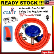 [ORIGINAL] MIRA/COMET SAFETY GAS CUT OFF REGULATOR WITH 1.5M BUTTERFLY BRAND GAS HOSE AND CLIPS SET 