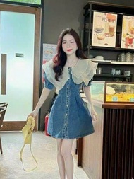 Đầm jean phối cổ áo bèo voan chất đẹp y hình váy xòe xinh cài nút bánh bèo xinh xắn