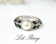 黑色稻穗珍珠戒指。復古銀色 麥穗 鑲黑色水鑽 圓形珍珠 戒指 飾品 禮物 首飾【Lit Ring】