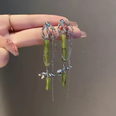 Green Bamboo Fringe Long Dangle Earrings for Women Lucky Bamboo Jewelry Chinese Style Accessories Pa
