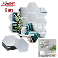 12Pcs Acrylic 3D Silver Mirror Geometric Hexagon Modern Wall Decoration Cermin Sticker Hiasan Rumah House Home Decor Art