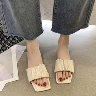 รองเท้าแตะหัวเหลี่ยมสำหรับผู้หญิง แฟชั่นใหม่นางฟ้าวันหยุดรองเท้าชายหาดเปิดนิ้วเท้ารองเท้าแตะชายหาด   Female square head slipper, new fashion fairy holiday beach shoe exposes toe seaside one word to drag Beige white 38