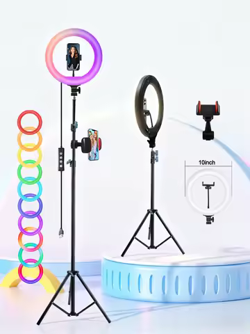 Adjustable 10" RGB Ring Light and 180 cm Tripod Set, 101 Light Modes, Height Adjustable Stand up to 