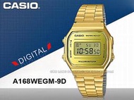 CASIO手錶專賣店 國隆 A168WEGM-9D 電子男錶 不鏽剛錶帶 金色錶面 防水 碼錶功能 A168WEGM