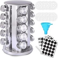 UVwey Revolving Spice Rack with 20 Jars,Polished Stainless Steel with Black Caps, Stainless Steel Sp