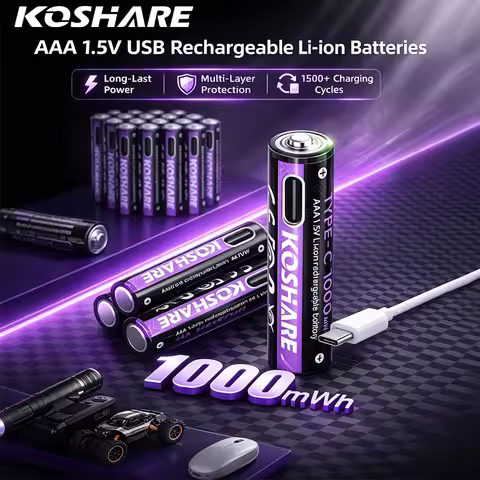 KOSHARE 2-24Pcs 1.5V AAA Rechargeable Li-ion Batteries 1000mWh USB-C Port Input High Capacity Lithiu