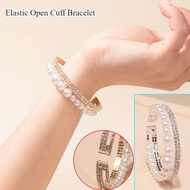 Multi-layer Rhinestone Open Cuff Bracelet Pearl Beads Cuff Bangles Double Diamond Pearl Bracelet