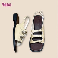YOTO Flat Sandals For Women Casual Leather Adjustable Strap Square Headed Peep Toe Roman Sandals