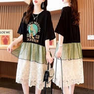 2024 Very Fairy Lace Stitching Short-Sleeved ins T-Shirt Dress Women Summer New Style Korean Version Loose T-Shirt Top EA1K