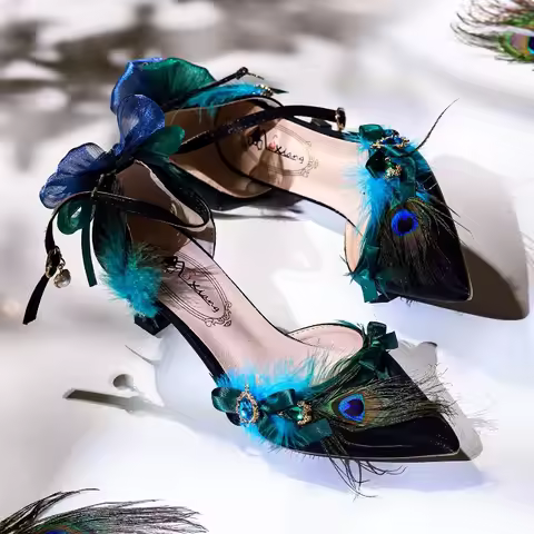 Peacock Feather Lolita Women Shoes Peacock Color Guava Pointed Tip Small Feather Lolita High Heels D
