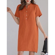 Đâm sơ mi nữ, đầm suông nữ cổ tàu đóng cúc thanh lịch, chất linen mềm mát AH199